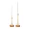 Cream Metal Textured Tapered Taper Candle Holder with Brown Wood Bases Set